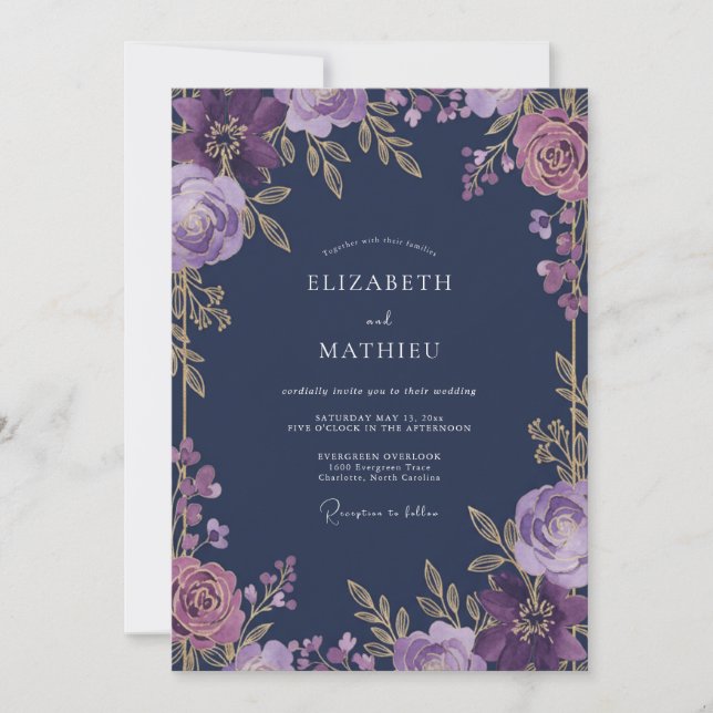Deep Plum Floral Whimsy Wedding Invitation (Front)