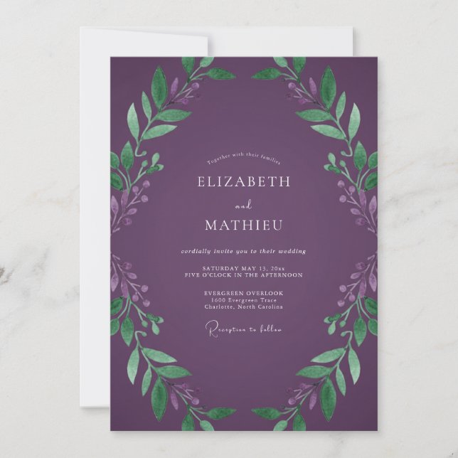 Deep Plum Foliage Eucalyptus Wedding Invitation (Front)