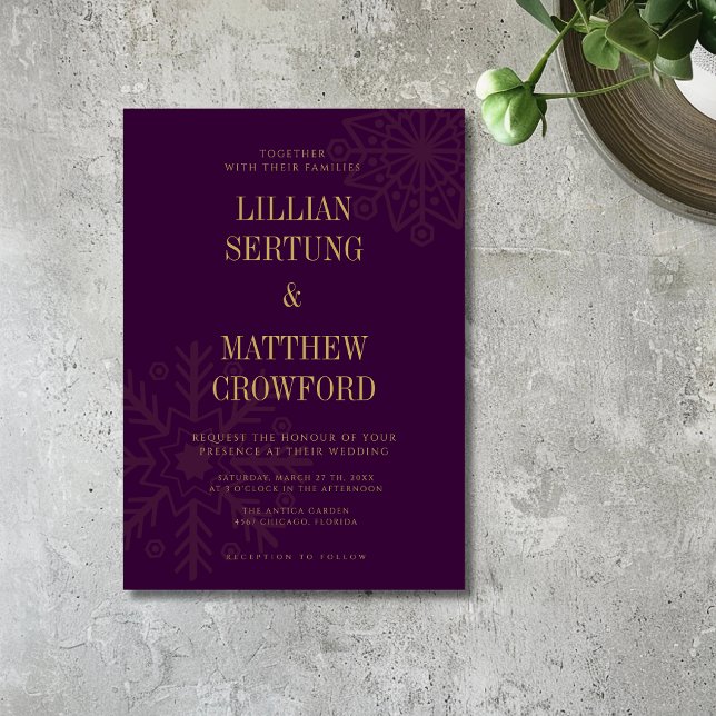 Deep Plum Gold Clean Snowflake Winter Wedding Invitation (Creator Uploaded)