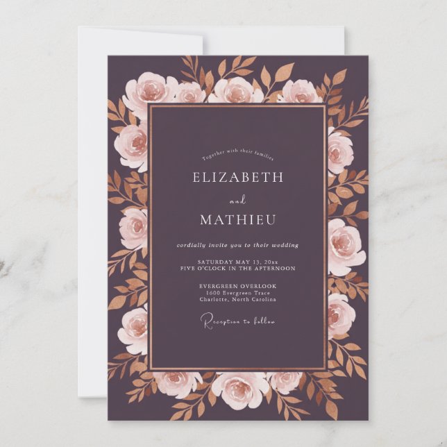 Deep Plum Gold Foliage Eucalyptus Wedding Invitation (Front)