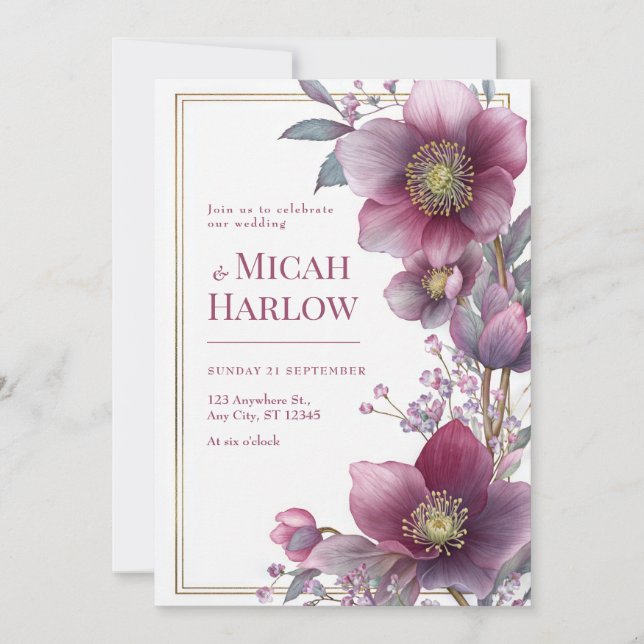 Deep Plum Hellebore Botanical Gold Frame Wedding Invitation (Front)