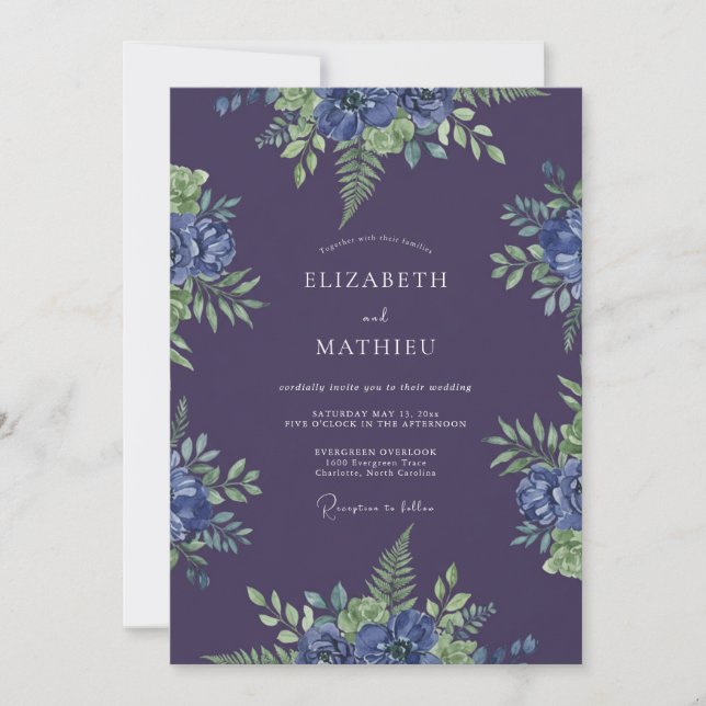 Deep Plum Indigo Fern Wedding Invitation (Front)