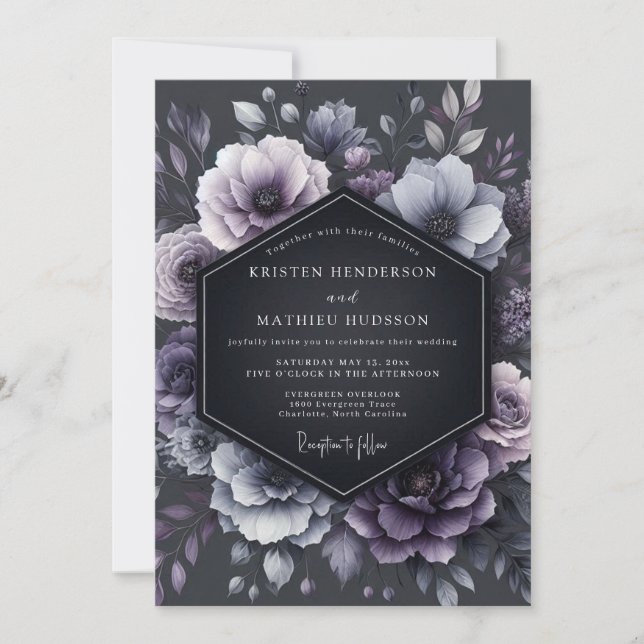 Deep Plum Moody Floral Wedding Invitation (Front)