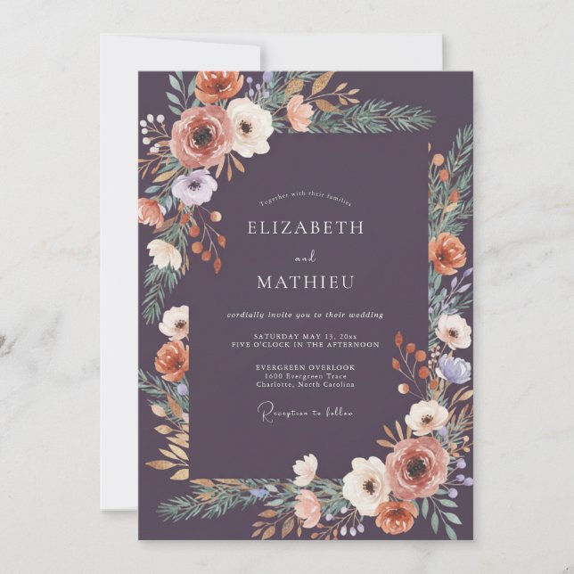 Deep Plum Ranunculus Grey Eucalyptus Wedding Invitation (Front)