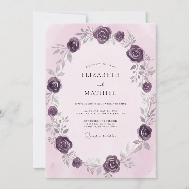 Deep Plum Rose Wedding Invitation (Front)