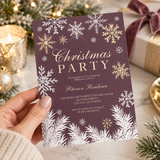 Deep Plum Snowflake Pine Winter Christmas Invitation