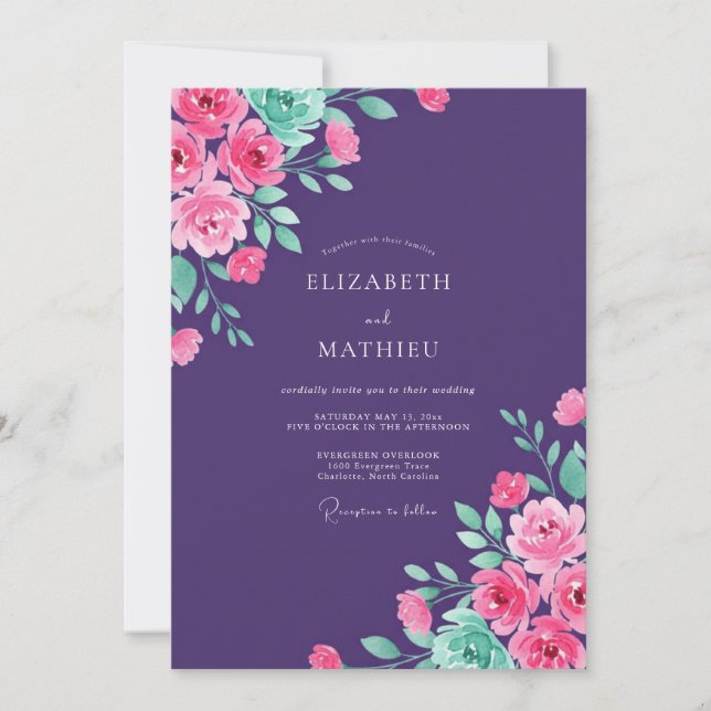 Deep Plum Vibrant Floral Romance Wedding Invitation (Front)