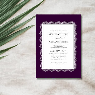 Deep Plum & White Lace Old Money Romantic Wedding Invitation