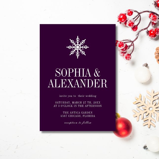 Deep Plum & White Simple Winter Snowflake Wedding Invitation (Creator Uploaded)