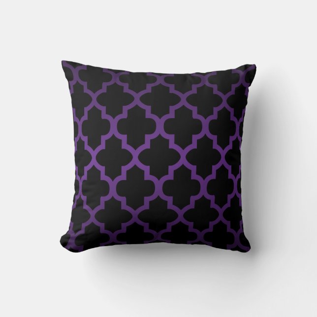 Deep Purple and Black Quatrefoil Pattern Throw Pillow (Front)