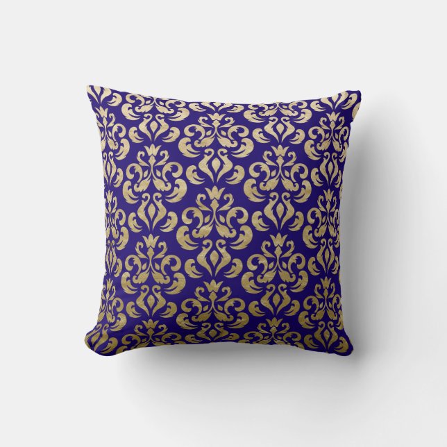 Deep Purple and Gold Foil Damask Pattern Throw Pillow (Front)