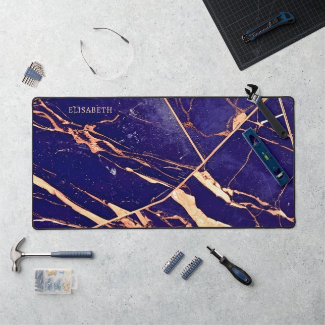 Deep Purple and Rose Gold Marble Add Name Monogram Desk Mat (Workstation)