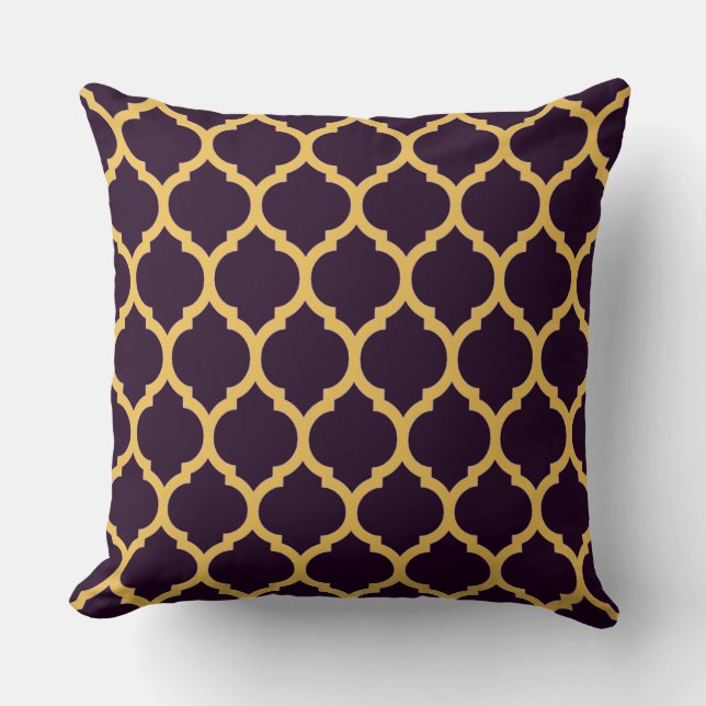 Deep Purple and Tan Moroccan Quatrefoil Pattern Throw Pillow (Front)