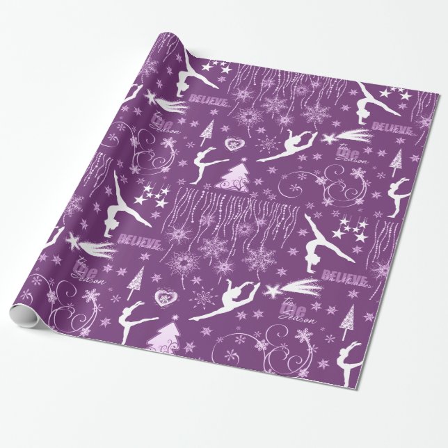 Deep Purple and White Festive Gymnastics Christmas Wrapping Paper (Unrolled)