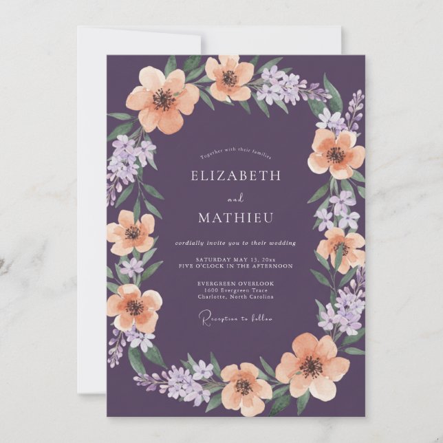 Deep Purple Apricot Botanical Wedding Invitation (Front)