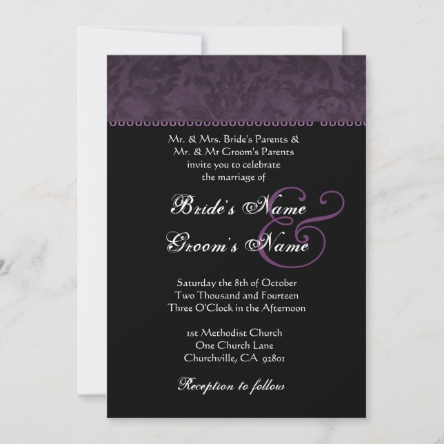 Deep Purple Batik Damask Wedding Invitation (Front)