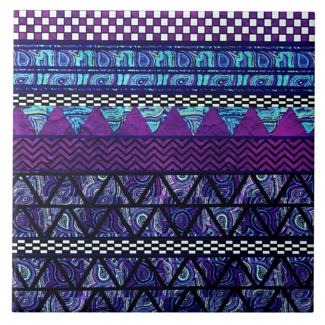 Deep Purple Boho Tribal Stripes Pattern Tile (Front)