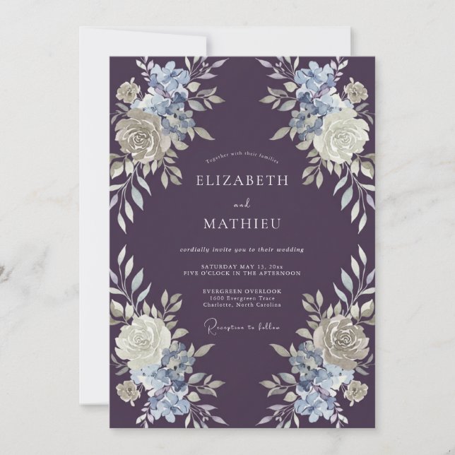 Deep Purple Botanical Watercolor Wedding Invitation (Front)