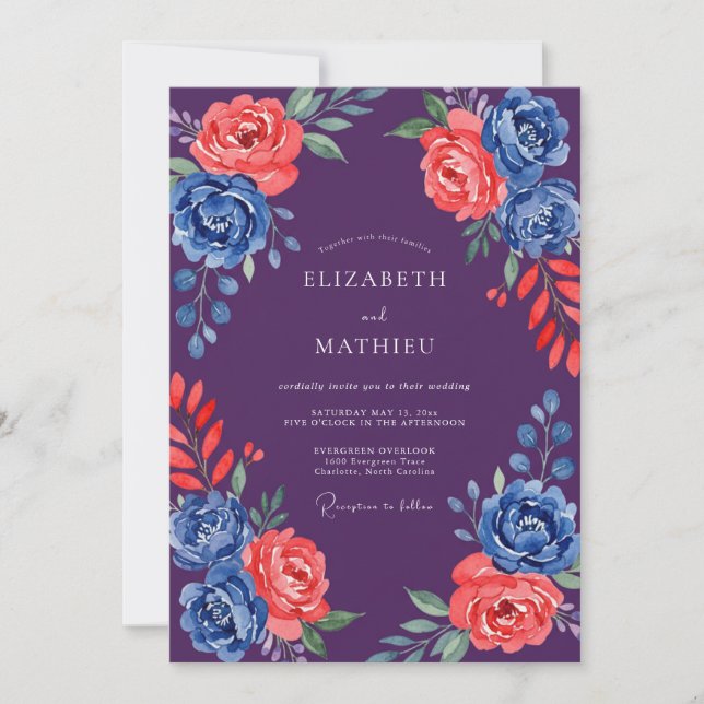 Deep Purple Coral Cobalt Bloom Wedding Invitation (Front)