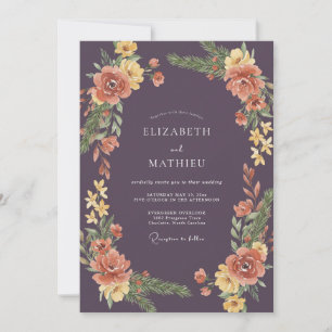 Deep Purple Coral Wreath Wedding Invitation