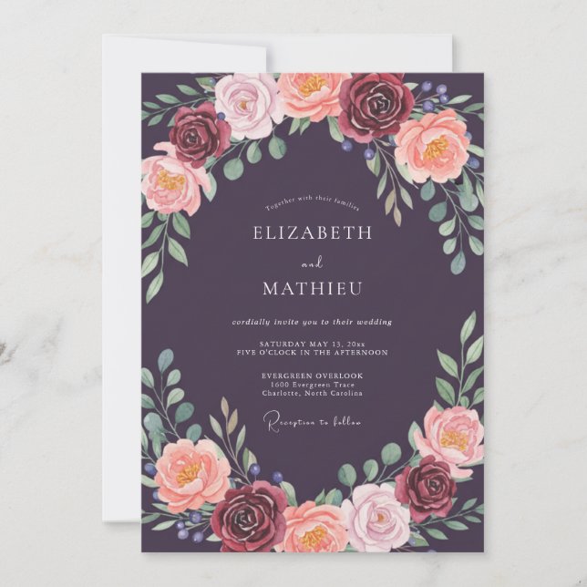Deep Purple Floral Arch Romance Wedding Invitation (Front)