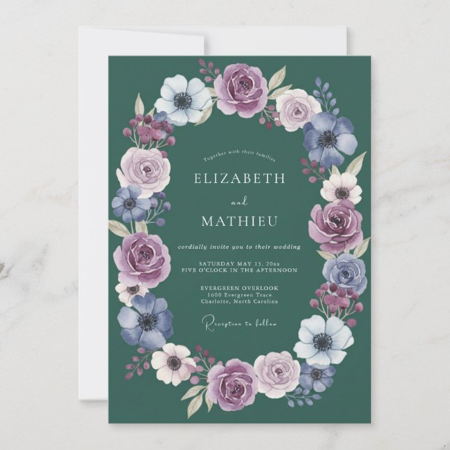 Deep Purple Floral Laurel Wedding Invitation (Front)
