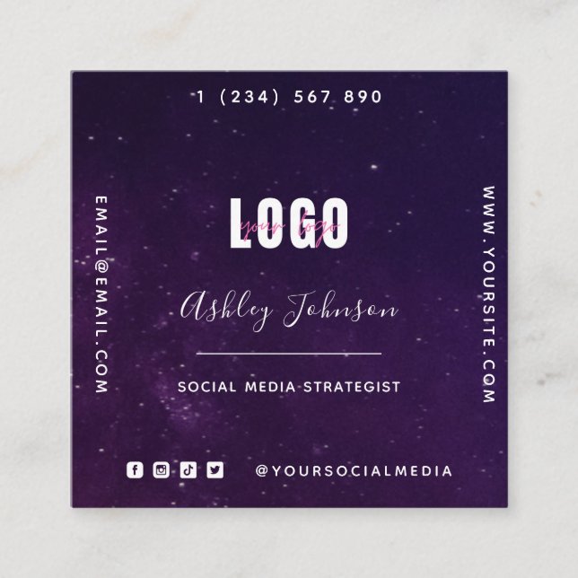 Deep Purple Galaxy Space Universe QR Code & Logo Square Business Card (Front)