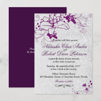 Deep Purple Glitter Silver Floral Wedding Invitation