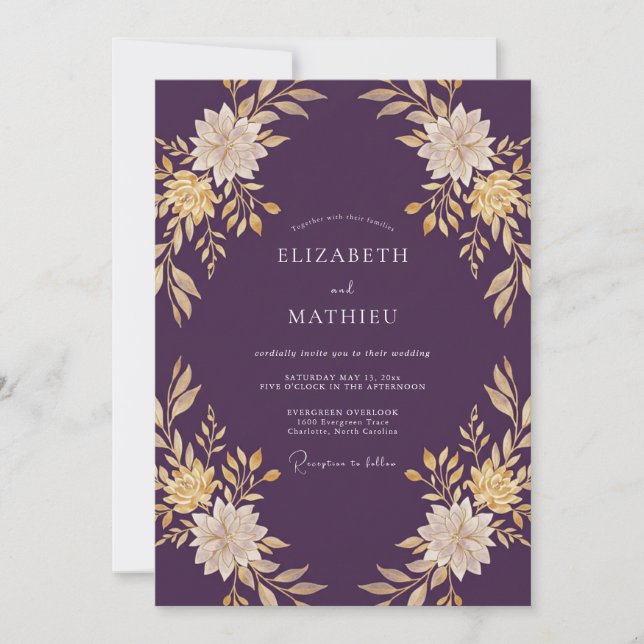 Deep Purple Gold Leaf Wedding Invitation (Front)