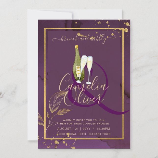 DEEP PURPLE GOLD LEAVES Wedding Invite (Front)