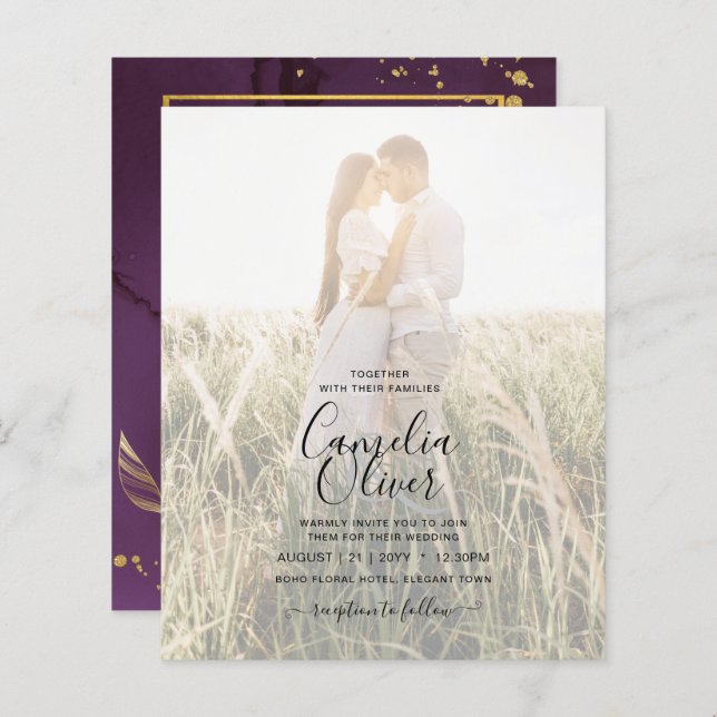 DEEP PURPLE GOLD LEAVES Wedding Invite (Front/Back)