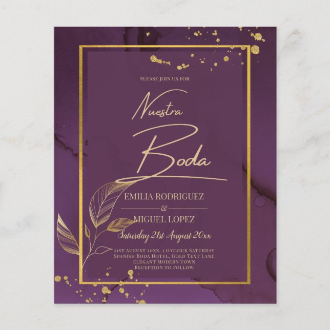 DEEP PURPLE GOLD LEAVES Wedding Invite Flyer (Front)