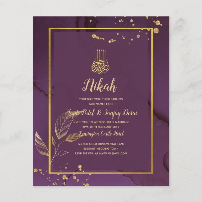 DEEP PURPLE GOLD LEAVES Wedding Invite Flyer (Front)