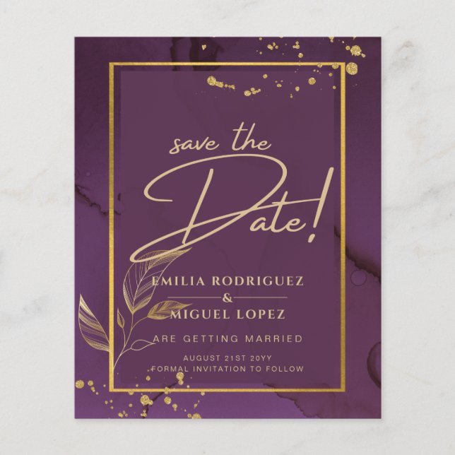 DEEP PURPLE GOLD LEAVES Wedding Invite Flyer (Front)