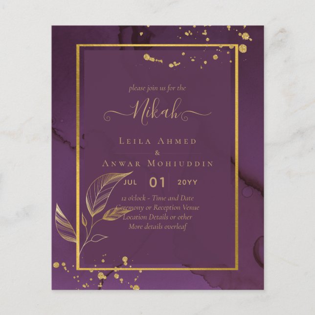 DEEP PURPLE GOLD LEAVES Wedding Invite Flyer (Front)