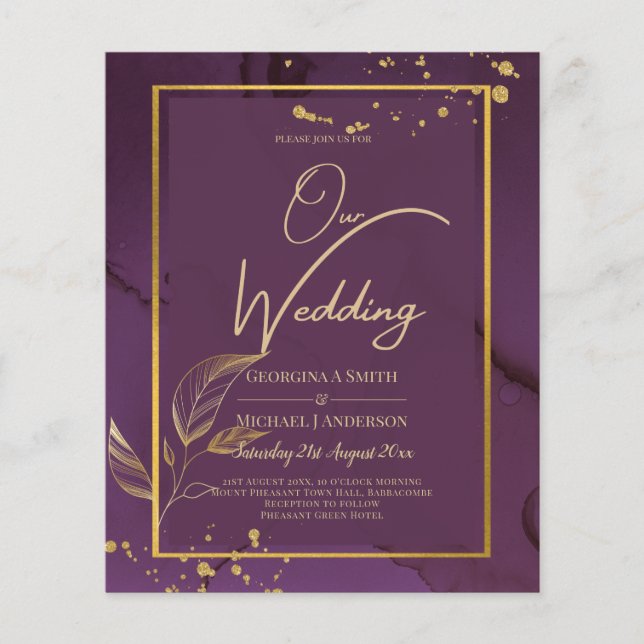 DEEP PURPLE GOLD LEAVES Wedding Invite Flyer (Front)