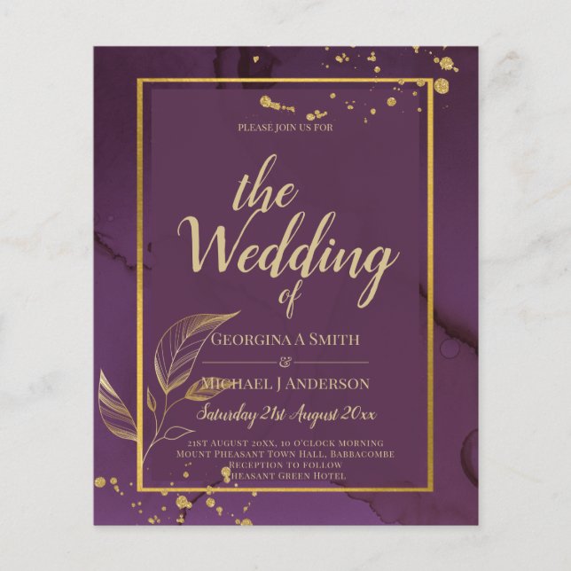 DEEP PURPLE GOLD LEAVES Wedding Invite Flyer (Front)
