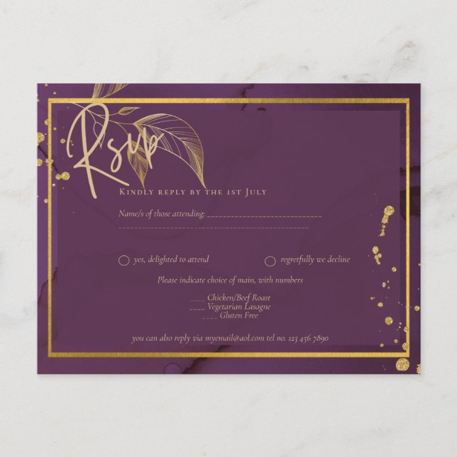 DEEP PURPLE GOLD LEAVES Wedding Invite Postcard (Front)