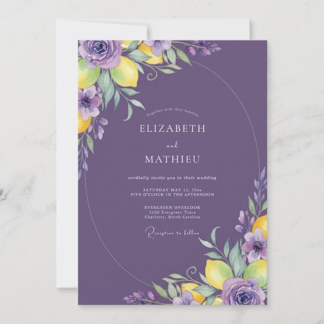 Deep Purple Lemon Eucalyptus Wedding Invitation (Front)