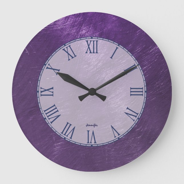 Deep Purple Metallic Design Brushed Steel Look Large Clock (Front)