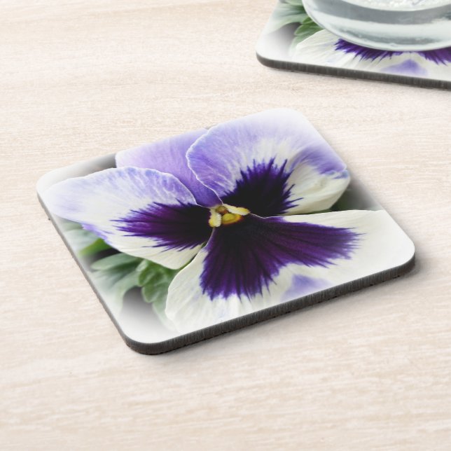 deep purple on white pansy coaster (Left Side)