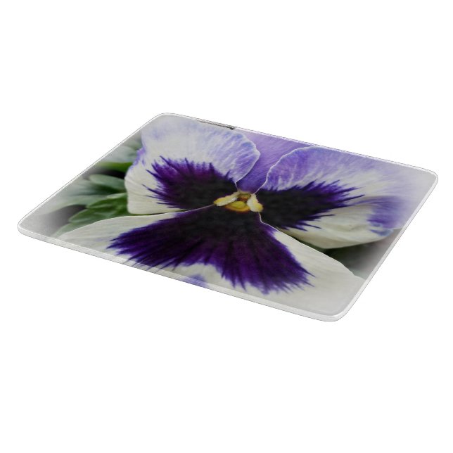 deep purple on white pansy cutting board (Corner)