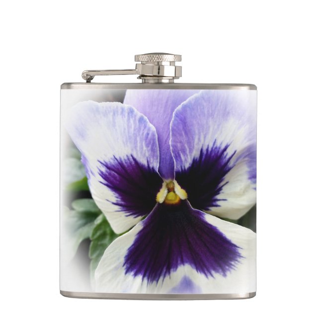 deep purple on white pansy hip flask (Front)