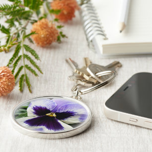 deep purple on white pansy keychain