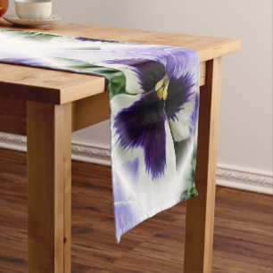 deep purple on white pansy short table runner