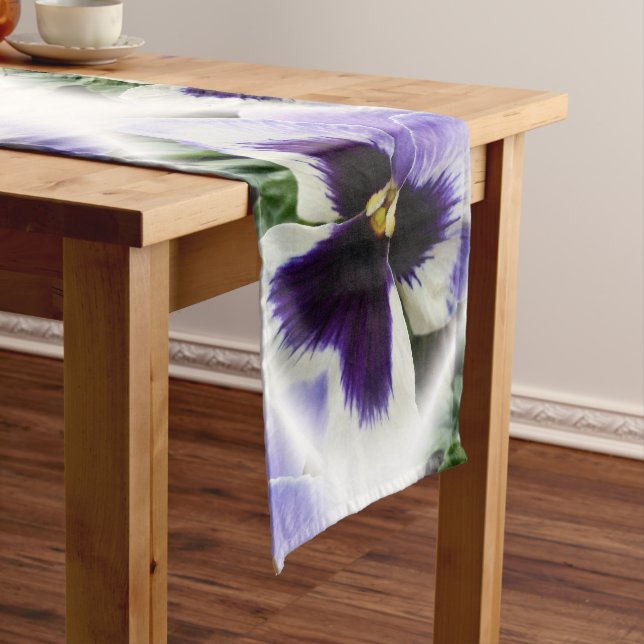 deep purple on white pansy short table runner (In Situ)