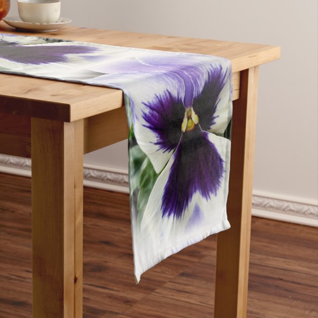deep purple on white pansy short table runner (In Situ)