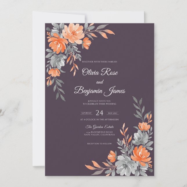 Deep Purple Orange Leaf Wedding Invitation (Front)