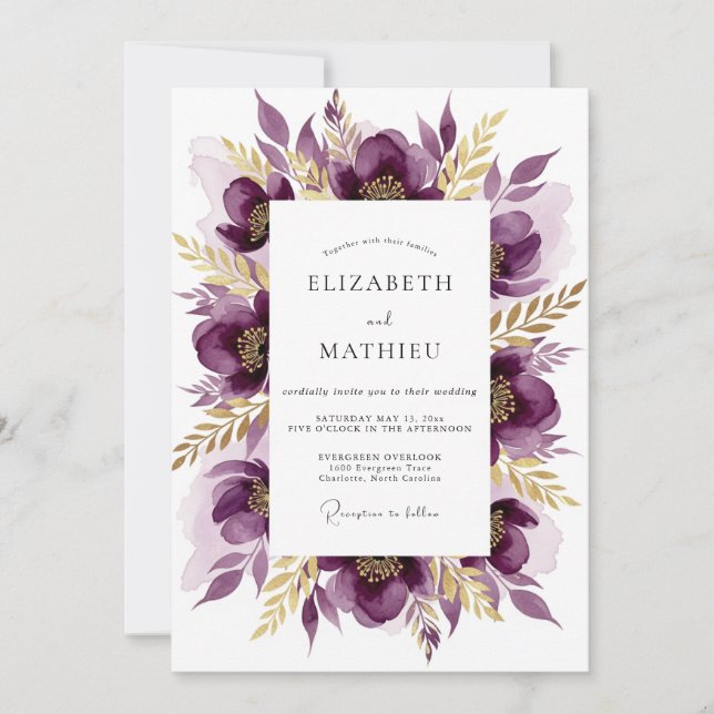 Deep Purple Painterly Floral Wedding Invitation (Front)