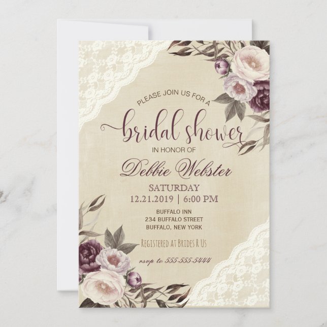 Deep Purple Peonies Bridal Shower Invitation (Front)